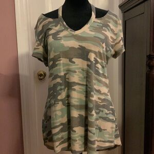 No Commet Faded Camo Tee Shirt with Cutouts on Shoulders